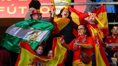 SEVILLA, 28/02/2024.- Aficionados de la selección española animan antes de la final de la Liga de Naciones Femenina entre España y Francia, este miércoles en el Estadio de La Cartuja en Sevilla. EFE/Julio Muñoz
