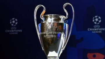 (FILES) In this file photo taken on March 15, 2019, the UEFA Champions league trophy is exhibited ahead of the draw for the Champions league quarter-final draw, at the House of European football in Nyon. - Plans for a breakaway Super League announced by t