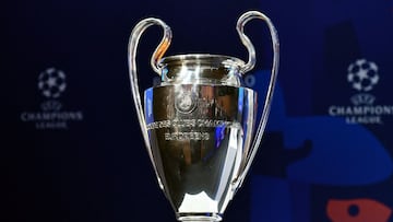 (FILES) In this file photo taken on March 15, 2019, the UEFA Champions league trophy is exhibited ahead of the draw for the Champions league quarter-final draw, at the House of European football in Nyon. - Plans for a breakaway Super League announced by t