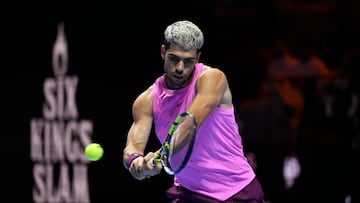 Tennis - Six Kings Slam - ANB Arena, Riyadh, Saudi Arabia - October 18, 2025 Spain's Carlos Alcaraz in action during his final match against Italy's Jannik Sinner REUTERS/Stringer