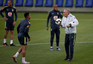 Brazilian coach Tite and Gabriel Jesus during training in Teresopolis, Brazil.