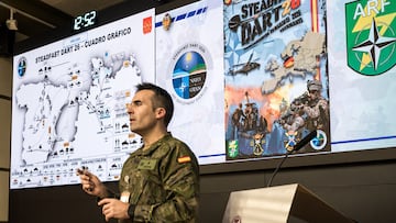 El Comandante Pedro Soriano Morales del Ejercito de Tierra durante la rueda de prensa sobre la participación del Ejército de Tierra en el ejercicio Steadfast Dart 26, a 5 de febrero de 2026, en Madrid (España). Las unidades del Ejército de Tierra que participan en el ejercicio Steadfast Dart 26 (STDT26) entre los días 12 y 25 de febrero han comenzado los movimientos para su despliegue en Alemania. El Ejército de Tierra contribuye al dominio terrestre (Mando Componente Terrestre – LCC) de la Allied Reaction Force (ARF) con tres unidades que aportan diferentes capacidades y que se integran en la estructura OTAN para la ejecución del STDT26.
05 FEBRERO 2026
Diego Radamés / Europa Press
05/02/2026