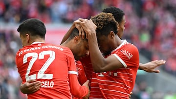 Soccer Football - Bundesliga - Bayern Munich v Hertha BSC - Allianz Arena, Munich, Germany - April 30, 2023 Bayern Munich's Serge Gnabry celebrates scoring their first goal with teammates REUTERS/Angelika Warmuth DFL REGULATIONS PROHIBIT ANY USE OF PHOTOGRAPHS AS IMAGE SEQUENCES AND/OR QUASI-VIDEO.