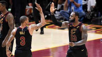 CLEVELAND, OH - MAY 25: George Hill #3 and LeBron James #23 of the Cleveland Cavaliers celebrate after a play in the second half against the Boston Celtics during Game Six of the 2018 NBA Eastern Conference Finals at Quicken Loans Arena on May 25, 2018 in