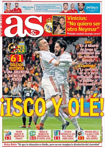 Las portadas de la prensa tras el 6-1 de España a Argentina