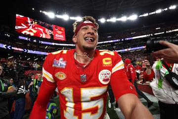 Patrick Mahomes of the Kansas City Chiefs celebrates after defeating the San Francisco 49ers.