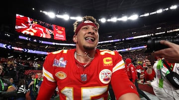 LAS VEGAS, NEVADA - FEBRUARY 11: Patrick Mahomes #15 of the Kansas City Chiefs celebrates after defeating the San Francisco 49ers 25-22 \d during Super Bowl LVIII at Allegiant Stadium on February 11, 2024 in Las Vegas, Nevada.   Jamie Squire/Getty Images/AFP (Photo by JAMIE SQUIRE / GETTY IMAGES NORTH AMERICA / Getty Images via AFP)