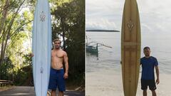 (COMBO) This combination image of two handout photographs show, at left, a picture taken by Brent Bielman on October 18, 2015 of surfer Doug Falter posing with his surfboard in Hawaii, and at right, an undated picture taken in 2020 courtesy of Giovanne Br