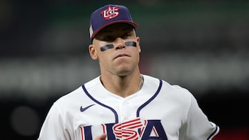HOUSTON, TEXAS - MARCH 10: Aaron Judge #99 of Team United States looks on in the first inning against Team Italy during the 2026 World Baseball Classic at Daikin Park on March 10, 2026 in Houston, Texas. Alex Slitz/Getty Images/AFP (Photo by Alex Slitz / GETTY IMAGES NORTH AMERICA / Getty Images via AFP)