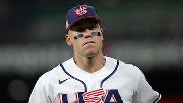 HOUSTON, TEXAS - MARCH 10: Aaron Judge #99 of Team United States looks on in the first inning against Team Italy during the 2026 World Baseball Classic at Daikin Park on March 10, 2026 in Houston, Texas. Alex Slitz/Getty Images/AFP (Photo by Alex Slitz / GETTY IMAGES NORTH AMERICA / Getty Images via AFP)