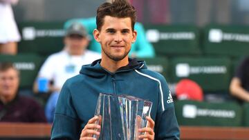 Mar 17, 2019; Indian Wells, CA, USA; Dominic Thiem (AUT) holds the championship trophy after defeating Roger Federer (not pictured) in the finals of the BNP Paribas Open at the Indian Wells Tennis Garden. Mandatory Credit: Jayne Kamin-Oncea-USA TODAY Sports