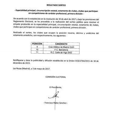 Villar tiene tres votos más: Barça, Atleti y Celta, en la Asamblea