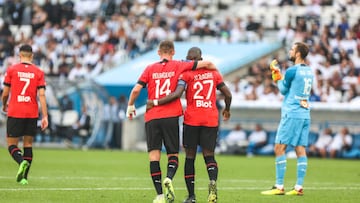 Hamari TRAORE of Rennes celebrate his goal during the Ligue 1 Uber Eats match between Marseille and Rennes at Orange Velodrome on September 18, 2022 in Marseille, France. (Photo by Johnny Fidelin/Icon Sport via Getty Images)