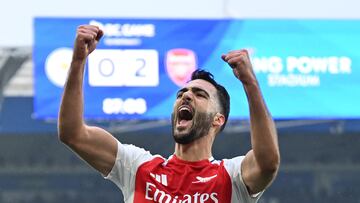 Arsenal's Spanish midfielder #23 Mikel Merino celebrates after scoring their second goal during the English Premier League football match between Leicester City and Arsenal at King Power Stadium in Leicester, central England on February 15, 2025. (Photo by JUSTIN TALLIS / AFP) / RESTRICTED TO EDITORIAL USE. No use with unauthorized audio, video, data, fixture lists, club/league logos or 'live' services. Online in-match use limited to 120 images. An additional 40 images may be used in extra time. No video emulation. Social media in-match use limited to 120 images. An additional 40 images may be used in extra time. No use in betting publications, games or single club/league/player publications. /
