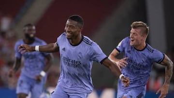 Real Madrid's Austrian defender David Alaba celebrates scoring this team's second goal during the Spanish league football match between UD Almeria and Real Madrid CF at the Municipal Stadium of the Mediterranean Games in Almeria on August 14, 2022. (Photo by JORGE GUERRERO / AFP) (Photo by JORGE GUERRERO/AFP via Getty Images)