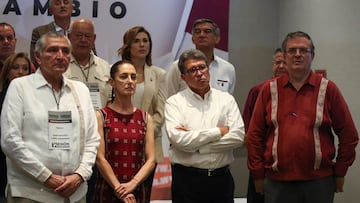 Mexico's Interior Minister Adan Augusto, Mexico City's Mayor Claudia Sheinbaum, Senator Ricardo Monreal Avila, and Mexican Foreign Minister Marcelo Ebrard look on as Alfonso Durazo, President of the National Council of Mexico's ruling National Regeneration Movement (MORENA) party, announces them as aspiring candidates for the party's 2024 presidential candidacy, in Mexico City, Mexico June 11, 2023. REUTERS/Henry Romero