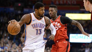 Dec 27, 2017; Oklahoma City, OK, USA; Oklahoma City Thunder forward Paul George (13) drives to the basket in front of Toronto Raptors forward Norman Powell (24) during the fourth quarter at Chesapeake Energy Arena. Mandatory Credit: Mark D. Smith-USA TODAY Sports