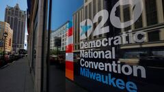 A sign advertises the Democratic National Convention (DNC), which will be a largely virtual event due to the coronavirus disease (COVID-19) outbreak, in Milwaukee, Wisconsin, U.S., August 16, 2020.   REUTERS/Brian Snyder