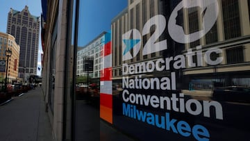 A sign advertises the Democratic National Convention (DNC), which will be a largely virtual event due to the coronavirus disease (COVID-19) outbreak, in Milwaukee, Wisconsin, U.S., August 16, 2020. REUTERS/Brian Snyder