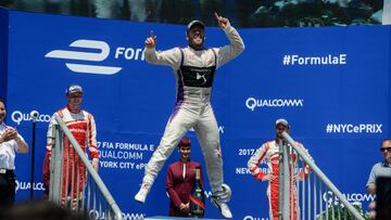 Sam Bird from the DS Virgin Racing team gestures after winning the inaugural New York ePrix Formula E World Championship in the Brooklyn borough of New York City, U.S., July 16, 2017. REUTERS/Stephanie Keith