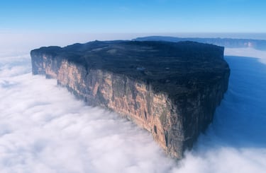 El Monte Roraima, situado en el Escudo Guayanés en la frontera entre Venezuela, Brasil y Guyana, es la más famosa de las mesetas de cima plana conocidas como tepuyes, consideradas unas de las formaciones geológicas más antiguas de la Tierra con unos 2,000 millones de años. Geológicamente, es un inmenso bloque de arenisca precámbrica que se eleva 2,810 metros sobre el nivel del mar, con paredes verticales de 400 metros que lo aíslan por completo de la selva circundante.