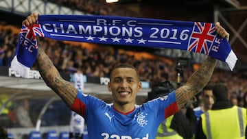 Rangers&#039; James Tavernier celebrates after the team was promoted to the Scottish Premiership.