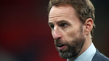 England&#039;s manager Gareth Southgate does an interview on the pitch after the international friendly football match between England and Republic of Ireland at Wembley stadium in north London on November 12, 2020. - England won the game 3-0. (Photo by N
