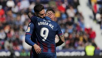 Levante&#039;s forward Roger Marti  celebrate after scoring the 0-2 goal with his teammate Rochina  during spanish La Liga match between Levante UD vs CD Leganes  at Ciutat de Valencia  Stadium on February  8, 2020.