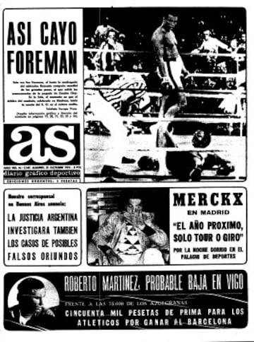 Portada de Diario AS del 31 de Octubre de 1974. El aspirante Muhamad Ali se coronó rey del peso pesado tras vencer por K.O. en el octavo asalto a George Foreman, vigente campeón en Kinshasa (entonces Zaire y hoy Congo).