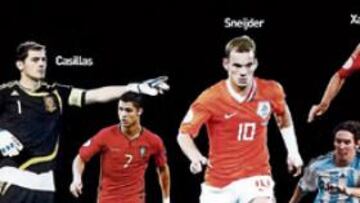 <b> 'FAVORITOS' DEL ONZE MONDIAL </b> En el fotomontaje que ilustra el reportaje sobre los 56 candidatos al Onze de Oro, la revista gala situaba a los 11 futbolistas que son sus preferidos, los que parecen máximos aspirantes al premio. Entre ellos, tres jugadores españoles: Iker Casillas, Xavi Hernández y Fernando Torres. Otros seis de la Roja optan al galardón.