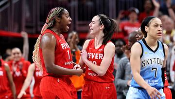 Aliyah Boston #7 and Caitlin Clark #22 of the Indiana Fever celebrate after defeating the Chicago Sky in the game at Gainbridge Fieldhouse on June 01, 2024, in Indianapolis, Indiana.