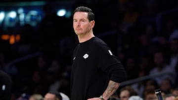 LOS ANGELES, CALIFORNIA - OCTOBER 21: Head coach JJ Redick of the Los Angeles Lakers looks on during the second quarter of the game against the Golden State Warriors at Crypto.com Arena on October 21, 2025 in Los Angeles, California. NOTE TO USER: User expressly acknowledges and agrees that, by downloading and or using this photograph, user is consenting to the terms and conditions of the Getty Images License Agreement. Harry How/Getty Images/AFP (Photo by Harry How / GETTY IMAGES NORTH AMERICA / Getty Images via AFP)