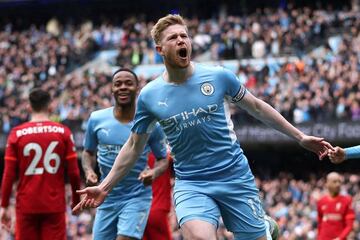 Kevin de Bruyne celebra su gol ante el Liverpool.