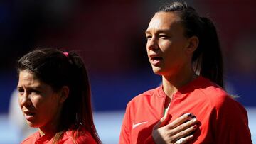 RENNES, FRANCE - JUNE 11: Claudia Endler of Chile sings the national anthem prior to the 2019 FIFA Women&#039;s World Cup France group F match between Chile and Sweden at Roazhon Park on June 11, 2019 in Rennes, France. (Photo by Richard Heathcote/Getty Images)