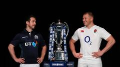 International rugby captains Scotland&#039;s Greg Laidlaw and England&#039;s Dylan Hartley pose for a photograph with the trophy during the official launch of the 2016 Six Nations.