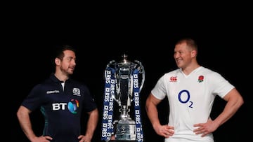 International rugby captains Scotland&#039;s Greg Laidlaw and England&#039;s Dylan Hartley pose for a photograph with the trophy during the official launch of the 2016 Six Nations.