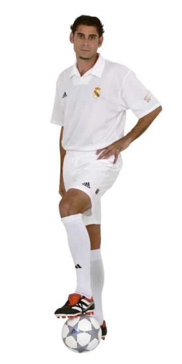 Fernando Hierro shown modelling the all-white, publicity-free centenary shirt in 2002.