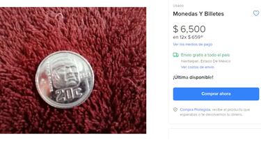 La moneda de 20 centavos con una Cabeza Olmeca que se vende en 6,500 pesos