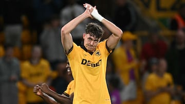 Wolverhampton Wanderers' Norwegian striker #09 Jorgen Strand Larsen celebrates after scoring their third goal during the English League cup second round football match between Wolverhampton Wanderers and West Ham United at the Molineux stadium in Wolverhampton, central England on August 26, 2025. (Photo by Paul ELLIS / AFP) / RESTRICTED TO EDITORIAL USE. No use with unauthorized audio, video, data, fixture lists, club/league logos or 'live' services. Online in-match use limited to 120 images. An additional 40 images may be used in extra time. No video emulation. Social media in-match use limited to 120 images. An additional 40 images may be used in extra time. No use in betting publications, games or single club/league/player publications. /