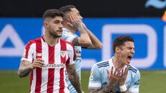 Santi Mina grita junto a Unai N&uacute;&ntilde;ez durante el partido jugado por el Celta y el Athletic en Bala&iacute;dos. De fondo, Iago Aspas. 