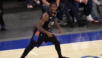 Apr 18, 2021; New York, New York, USA; New York Knicks forward Julius Randle (30) reacts against the New Orleans Pelicans during the second half at Madison Square Garden. The Knicks won in overtime 122-112. Mandatory Credit: Adam Hunger/POOL PHOTOS-USA TODAY Sports