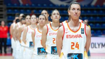 BELGRADE, SERBIA - FEBRUARY 08: Laura Gil of Spain during national anthem ceremony prior to the FIBA Women&#039;s Olympic Qualifying Tournament 2020 Group B match between Spain and China at Aleksandar Nikolic Hall on February 8, 2020 in Belgrade, Serbia. (Photo by Srdjan Stevanovic/Getty Images)