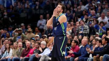 DALLAS, TEXAS - JANUARY 08: Luka Doncic #77 of the Dallas Mavericks reacts against the Denver Nuggets in the second half at American Airlines Center on January 08, 2020 in Dallas, Texas. NOTE TO USER: User expressly acknowledges and agrees that, by downloading and or using this photograph, User is consenting to the terms and conditions of the Getty Images License Agreement.   Tom Pennington/Getty Images/AFP
 == FOR NEWSPAPERS, INTERNET, TELCOS &amp; TELEVISION USE ONLY ==