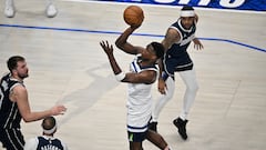 May 28, 2024; Dallas, Texas, USA; Minnesota Timberwolves guard Anthony Edwards (5) shoots against the Dallas Mavericks during the first quarter of game four of the western conference finals for the 2024 NBA playoffs at American Airlines Center. Mandatory Credit: Jerome Miron-USA TODAY Sports