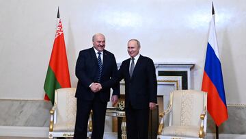 Russian President Vladimir Putin shakes hands with Belarusian President Alexander Lukashenko during a meeting in Saint Petersburg, Russia January 28, 2024. Sputnik/Pavel Bednyakov/Kremlin via REUTERS ATTENTION EDITORS - THIS IMAGE WAS PROVIDED BY A THIRD PARTY.