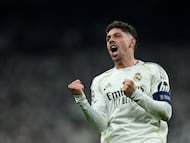 Soccer Football - UEFA Champions League - Round of 16 - First Leg - Real Madrid v Manchester City - Santiago Bernabeu, Madrid, Spain - March 11, 2026 Real Madrid's Federico Valverde celebrates scoring their first goal REUTERS/Violeta Santos Moura TPX IMAGES OF THE DAY