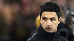 Arsenal's Spanish manager Mikel Arteta reacts ahead of the English Premier League football match between Sheffield United and Arsenal at Bramall Lane in Sheffield, northern England on March 4, 2024. (Photo by Darren Staples / AFP) / RESTRICTED TO EDITORIAL USE. No use with unauthorized audio, video, data, fixture lists, club/league logos or 'live' services. Online in-match use limited to 120 images. An additional 40 images may be used in extra time. No video emulation. Social media in-match use limited to 120 images. An additional 40 images may be used in extra time. No use in betting publications, games or single club/league/player publications. / 