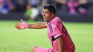 FORT LAUDERDALE, FLORIDA - MAY 29: Luis Su�rez #9 of Inter Miami reacts during the second half of the game against the Atlanta United at Chase Stadium on May 29, 2024 in Fort Lauderdale, Florida.   Megan Briggs/Getty Images/AFP (Photo by Megan Briggs / GETTY IMAGES NORTH AMERICA / Getty Images via AFP)