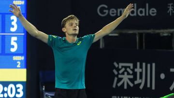 David Goffin of Belgium celebrates after defeating Alexandr Dolgopolov of Ukraine during their men's singles final match at the ATP Shenzhen Open tennis tournament in Shenzhen, southern China's Guangdong province on October 1, 2017. / AFP PHOTO / STR / China OUT