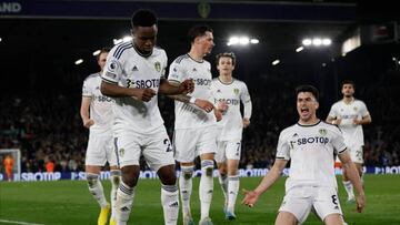 LEEDS, ENGLAND - APRIL 04: Luis Sinisterra and Marc Roca of Leeds United celebrates the 2nd goal during the Premier League match between Leeds United and Nottingham Forest at Elland Road on April 04, 2023 in Leeds, United Kingdom. (Photo by Richard Sellers/Sportsphoto/Allstar via Getty Images)